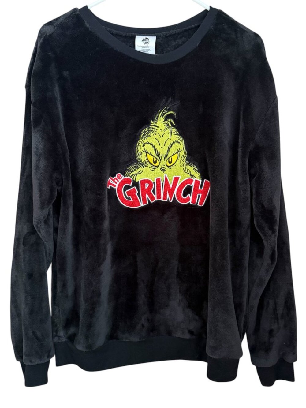 The Grinch Black Plush Fleece Sweatshirt L Dr. Seuss Holiday Pullover Christmas